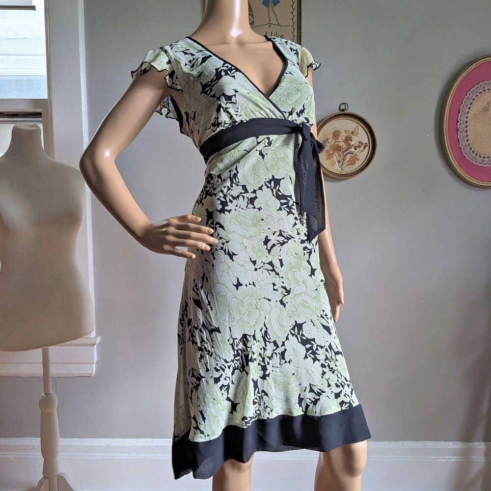 Vintage Y2K Speechless Wrap Dress Green Floral Midi Bow Summer Jrs Size 7